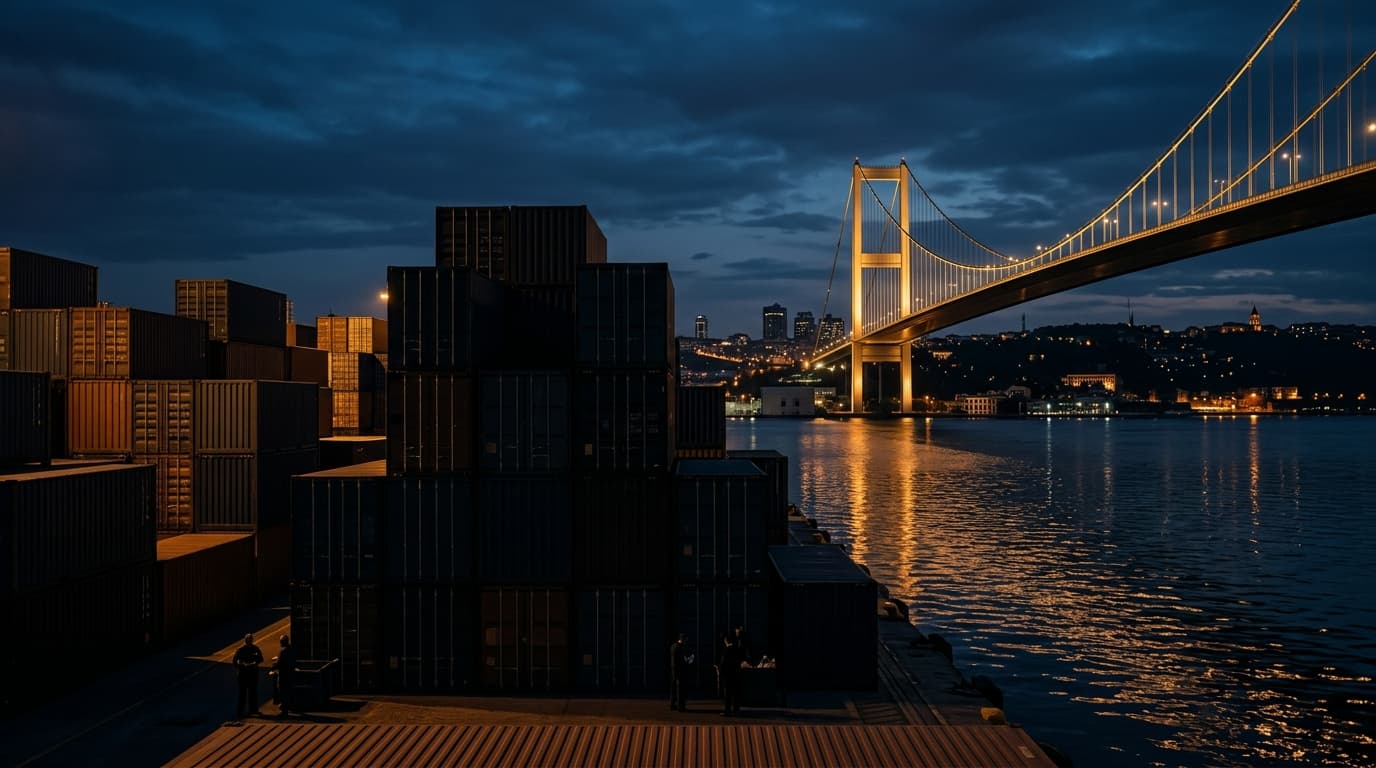 A heavy cargo ship docked at an Istanbul port at dusk, symbolizing international trade and intellectual property enforcement at Turkish bor…