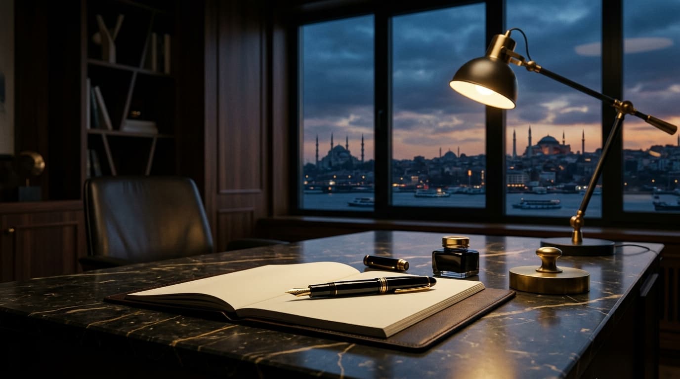 A luxurious gold fountain pen resting on a dark marble desk with a subtle silhouette of the Istanbul skyline in the background.