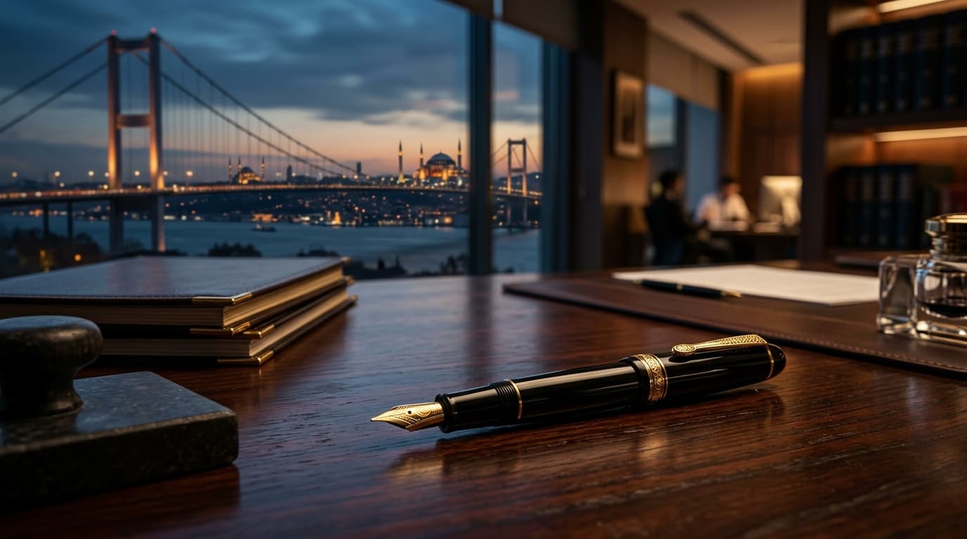 An elegant black and gold fountain pen resting on a dark desk with subtle architectural outlines of Istanbul in the background