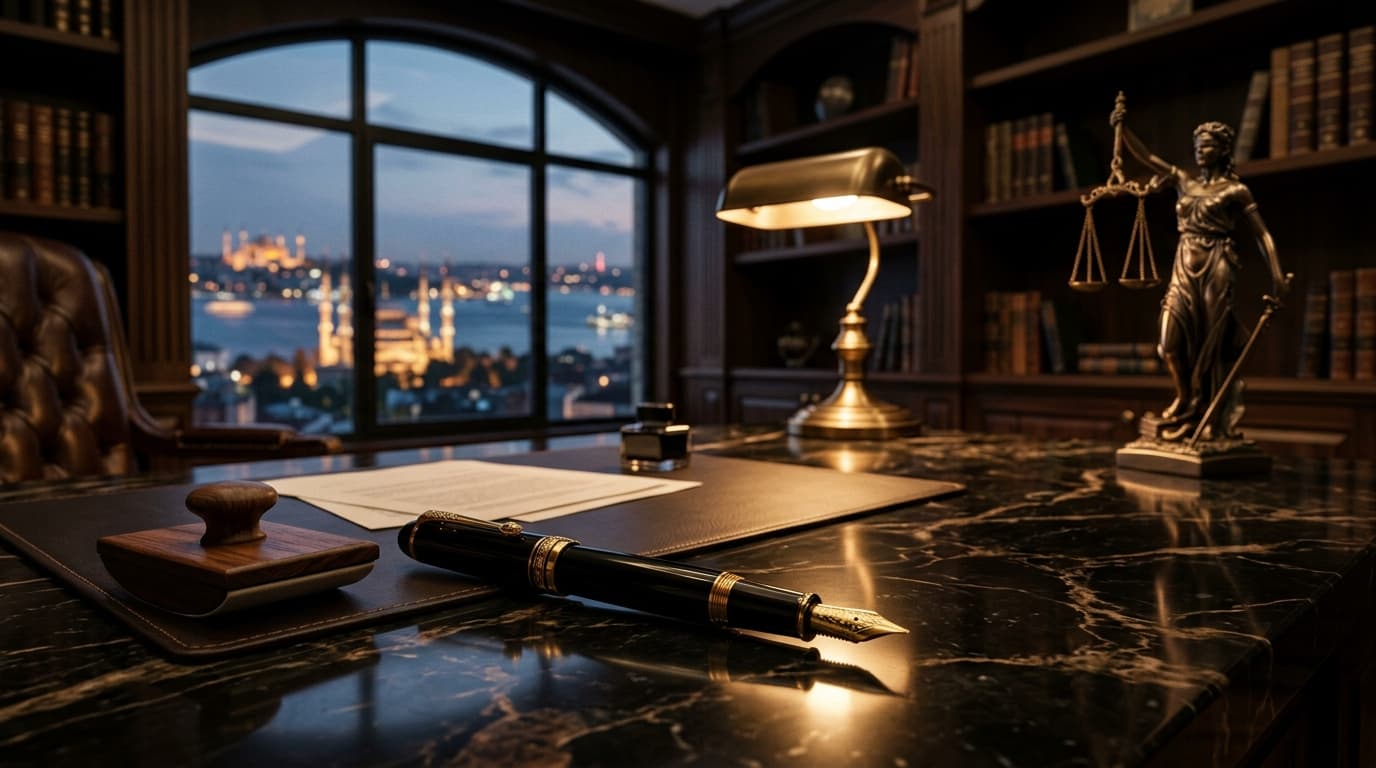 Close-up of a luxury black and gold fountain pen resting on a dark marble desk in a professional Istanbul law office.