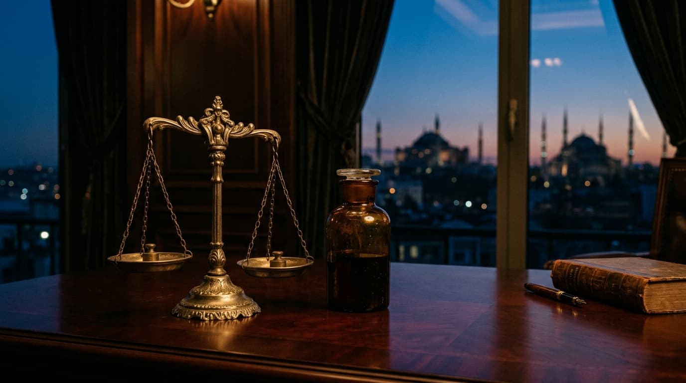 Close-up of a brass balancing scale and a glass apothecary bottle on a dark mahogany desk with a subtle evening silhouette of the Istanbul…