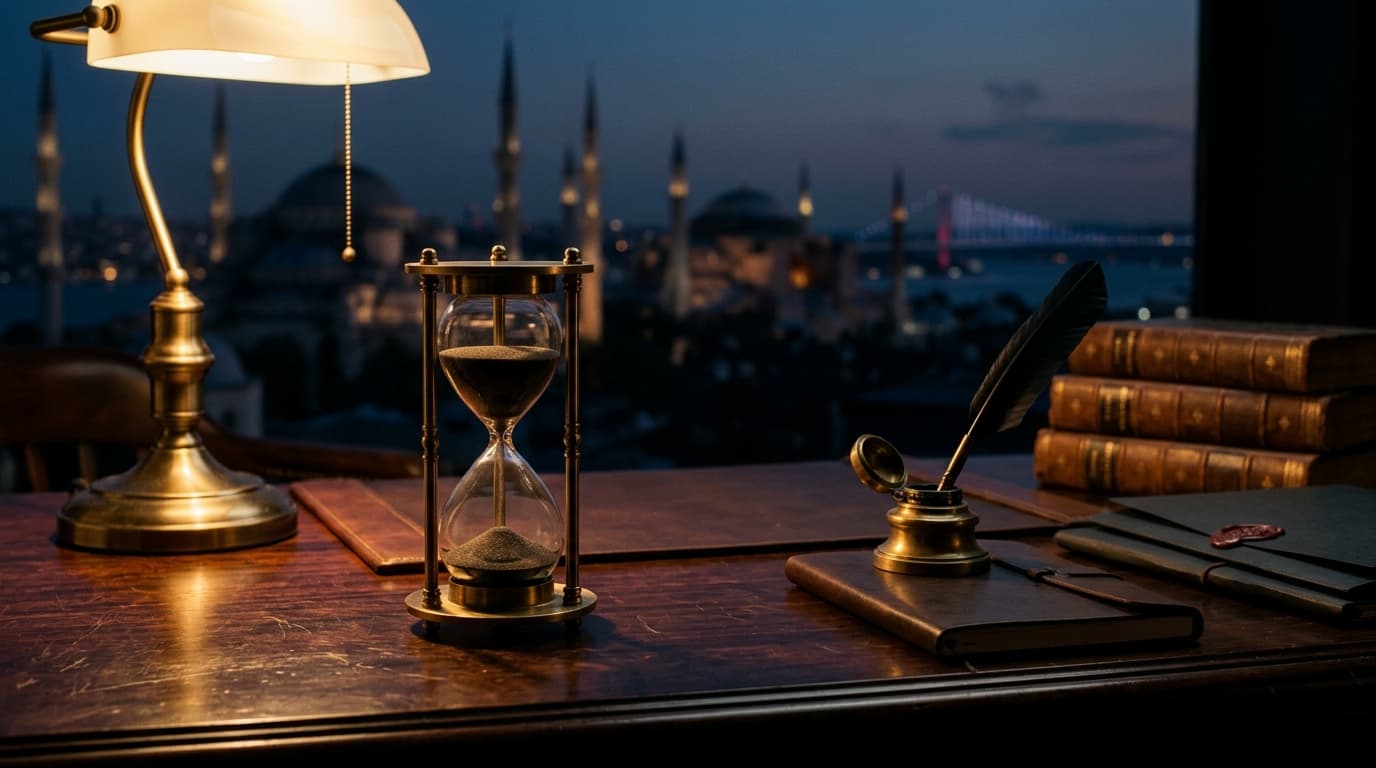 A vintage brass hourglass resting on a dark mahogany desk with subtle Istanbul architectural silhouettes in the background