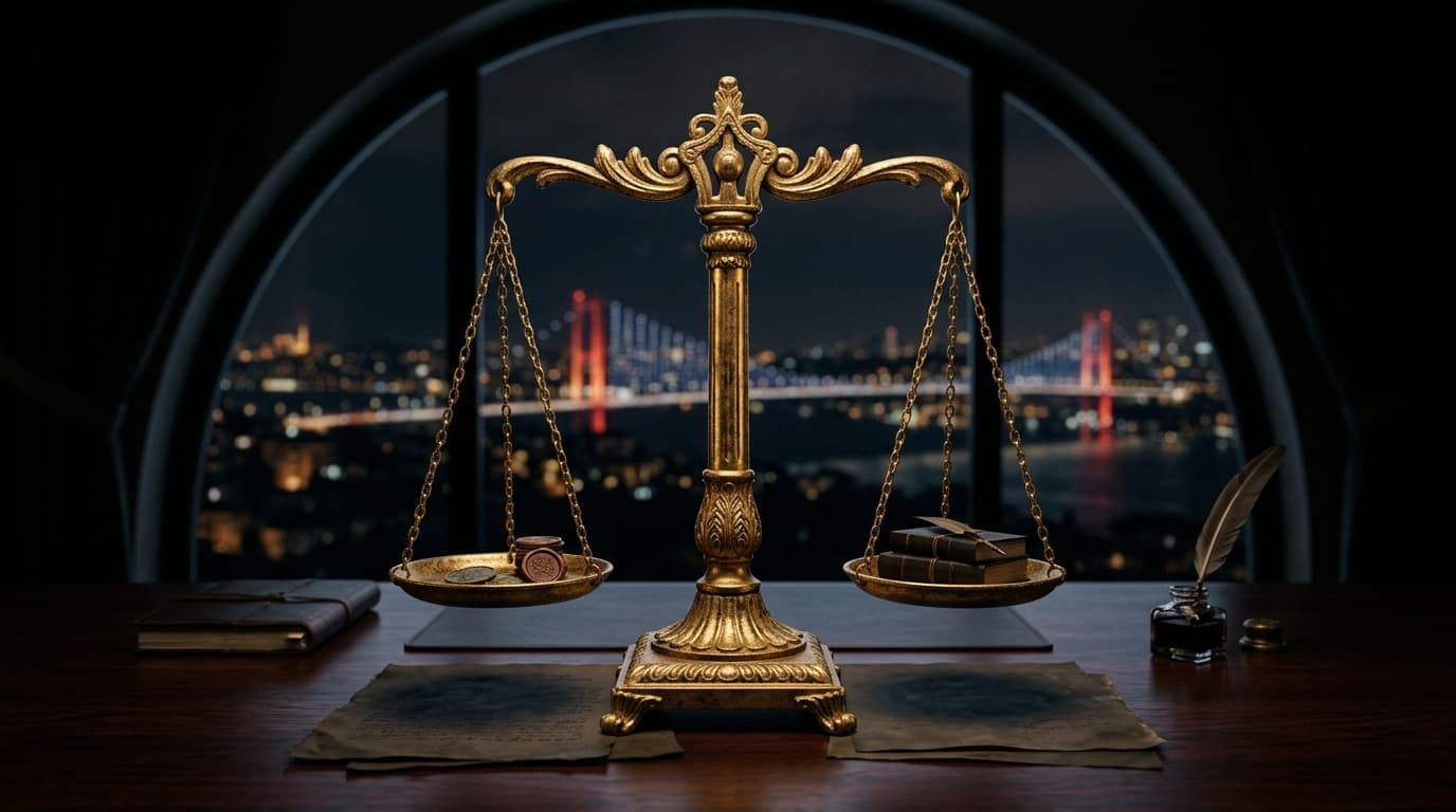 A macro shot of a golden scale of justice resting on a dark reflective desk, symbolizing commercial litigation.